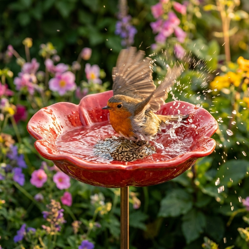 Hand-formed poppy bird bath garden stake with bird ornament