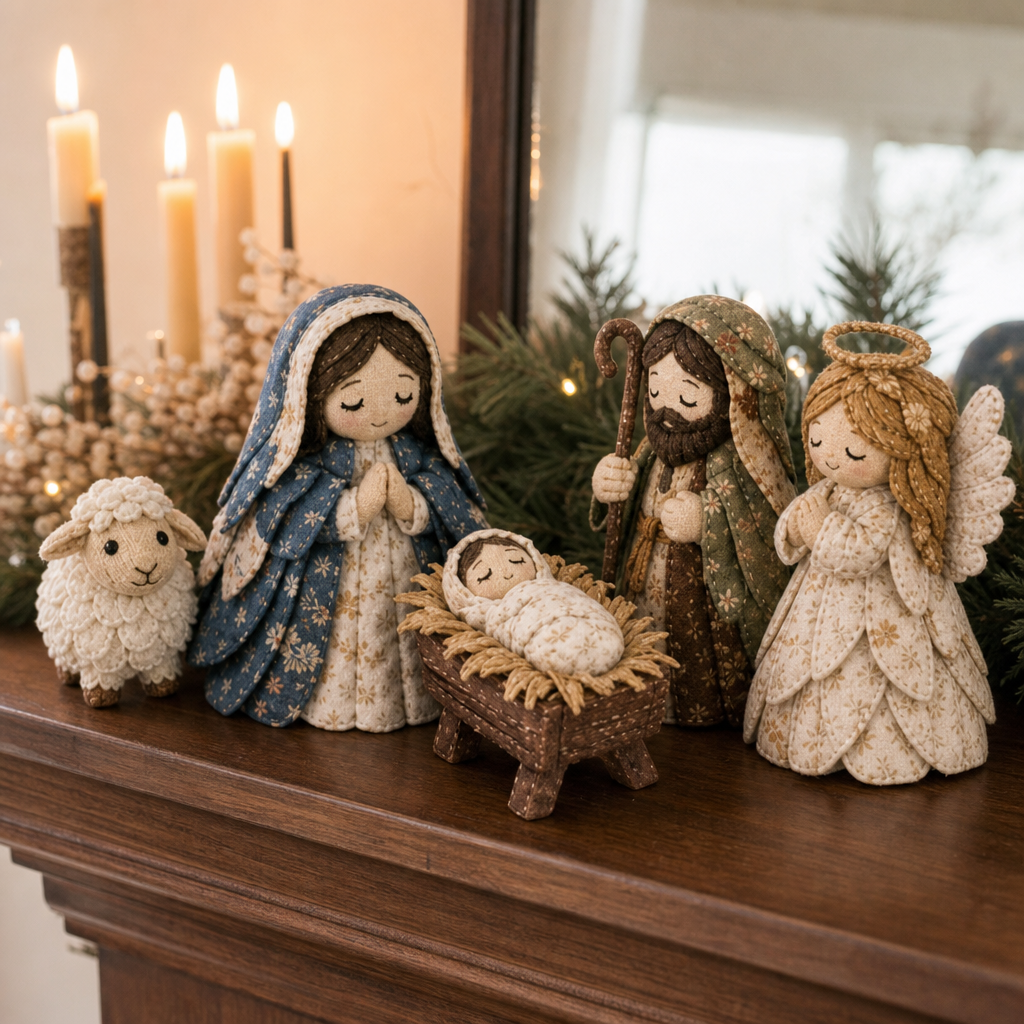 Patchwork fabric nativity sewing kit with Holy Family and Three Wise Men scenes
