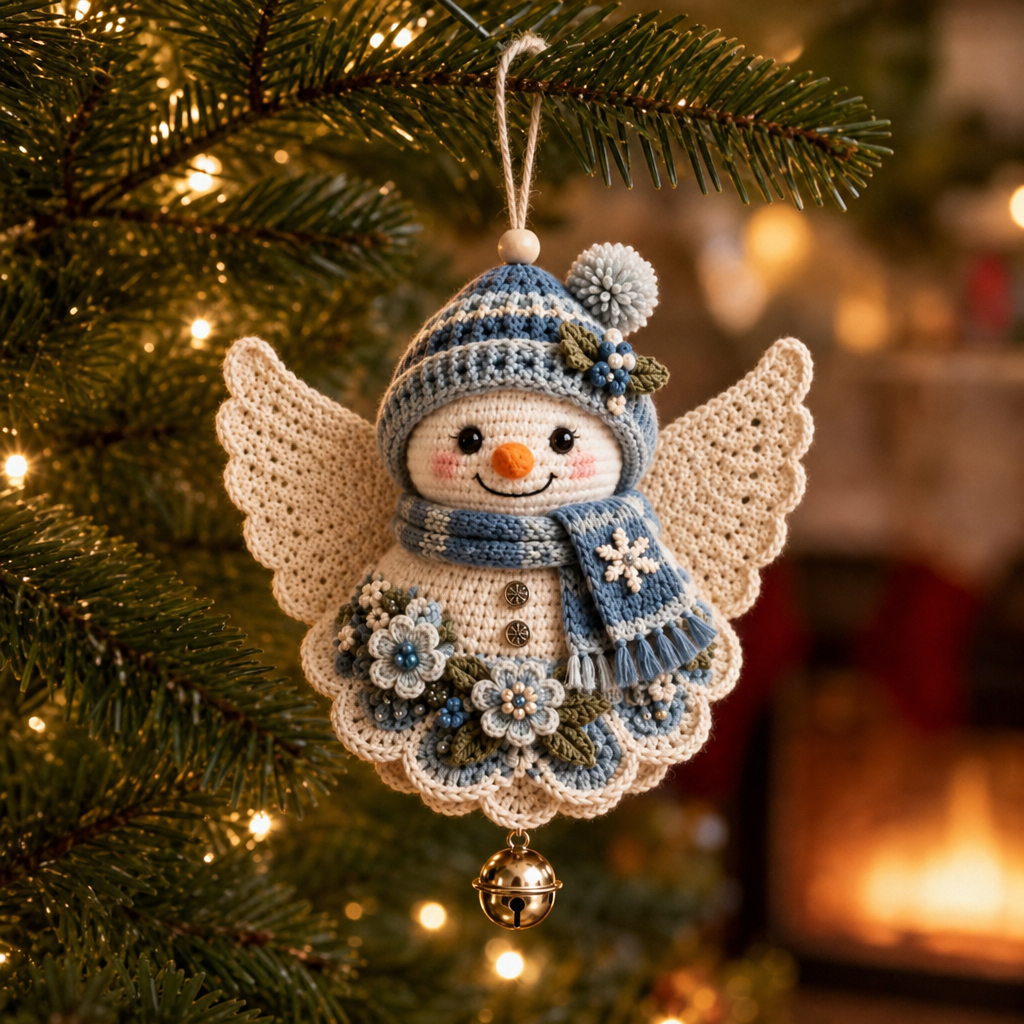 Crochet Christmas hanging ornament with wings, decorative flowers and a bell