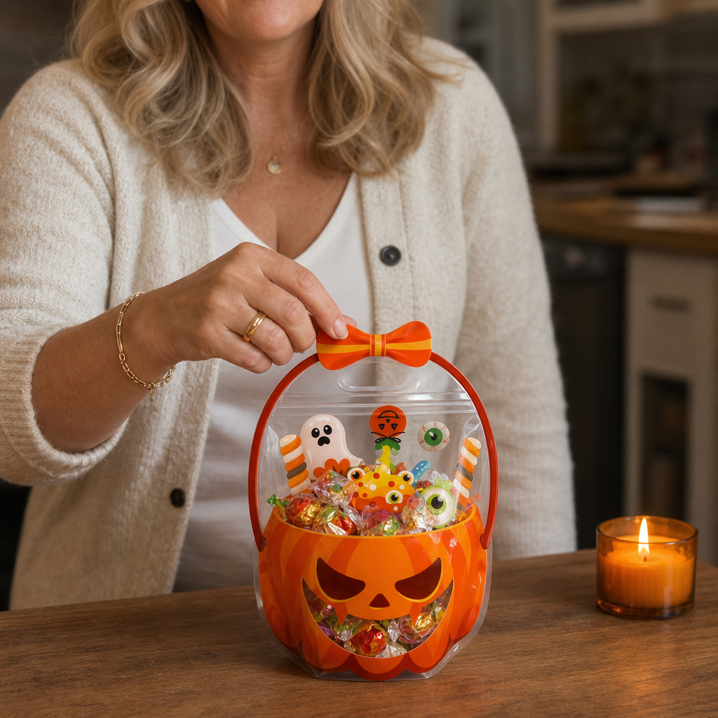 Transparent Halloween party favour bags with pumpkin and cauldron designs