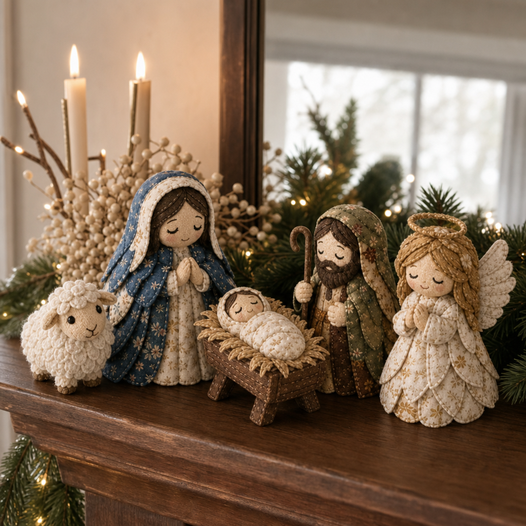 Patchwork fabric nativity sewing kit with Holy Family and Three Wise Men scenes
