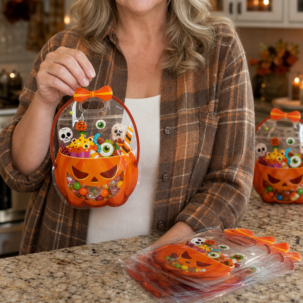 Transparent Halloween party favour bags with pumpkin and cauldron designs