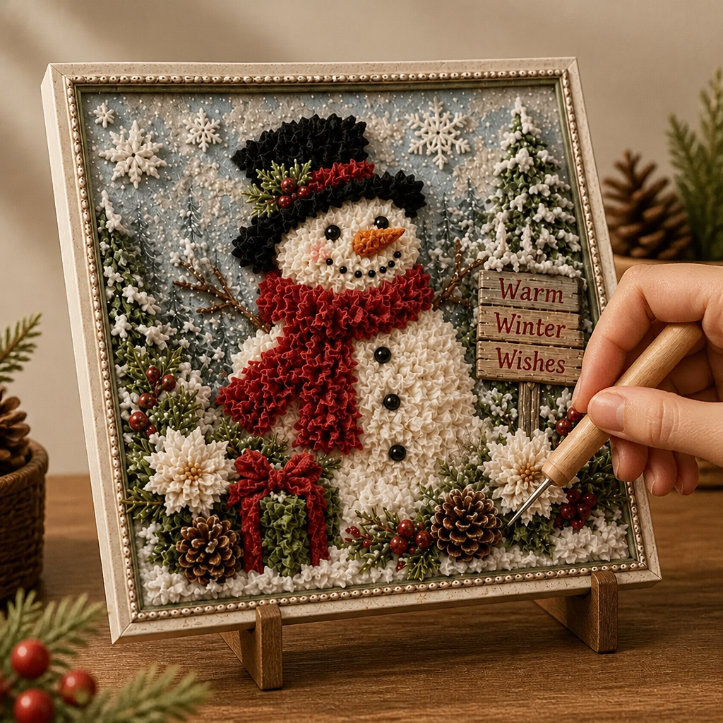 Pre-punched 3D Christmas yarn art kit with coloured yarn, wooden poking tool and instructions