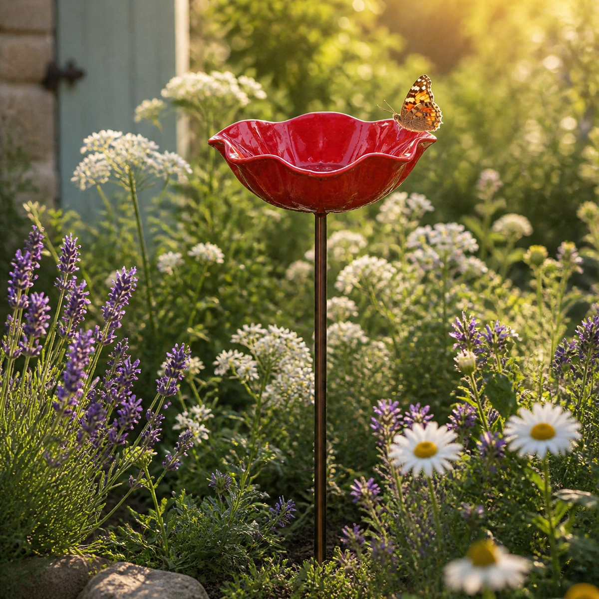 Hand-formed poppy bird bath garden stake with bird ornament