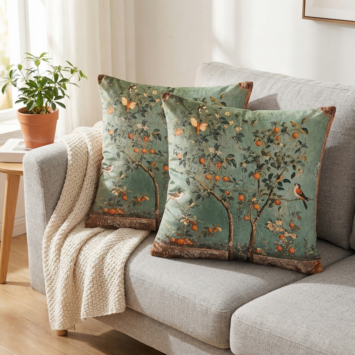 Vintage botanical cushion cover with floral, tree, bird and rabbit designs