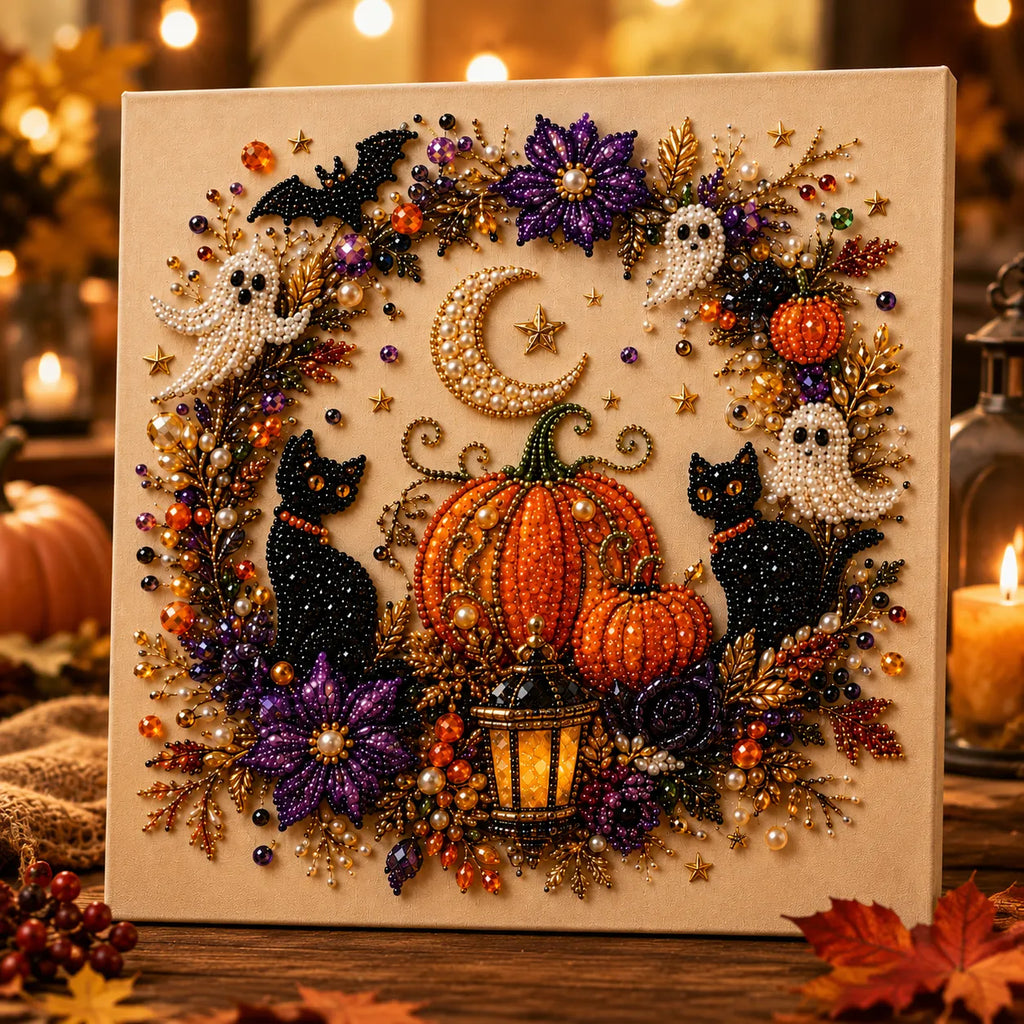 Halloween pearl-like beaded wall art panel with ghosts, pumpkins and stars