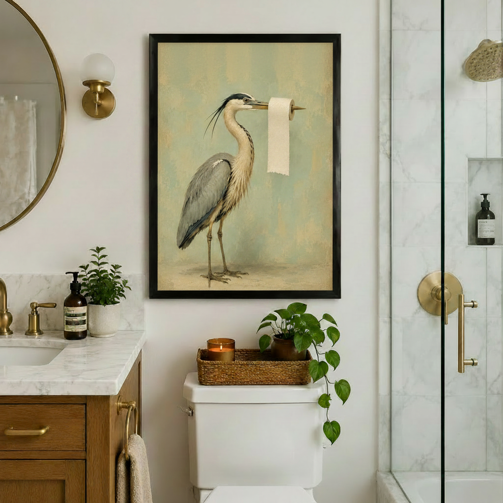 Vintage heron canvas wall art with a toilet roll detail
