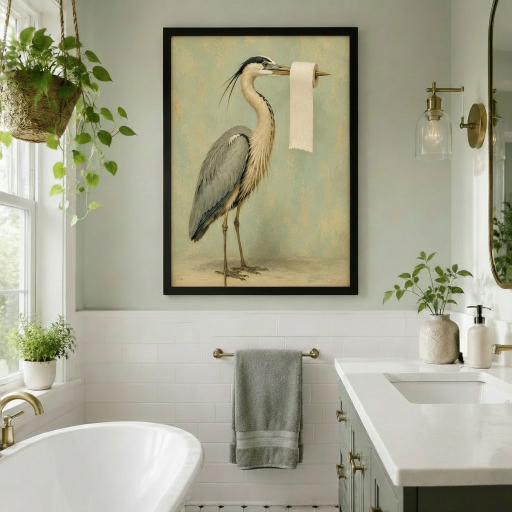 Vintage heron canvas wall art with a toilet roll detail
