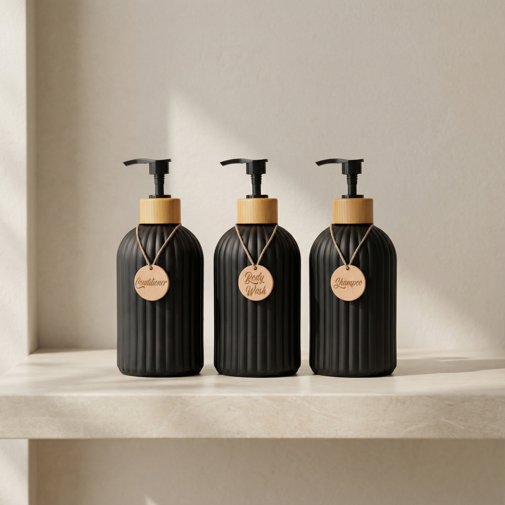 Three refillable bathroom pump bottles with labelled hanging tags