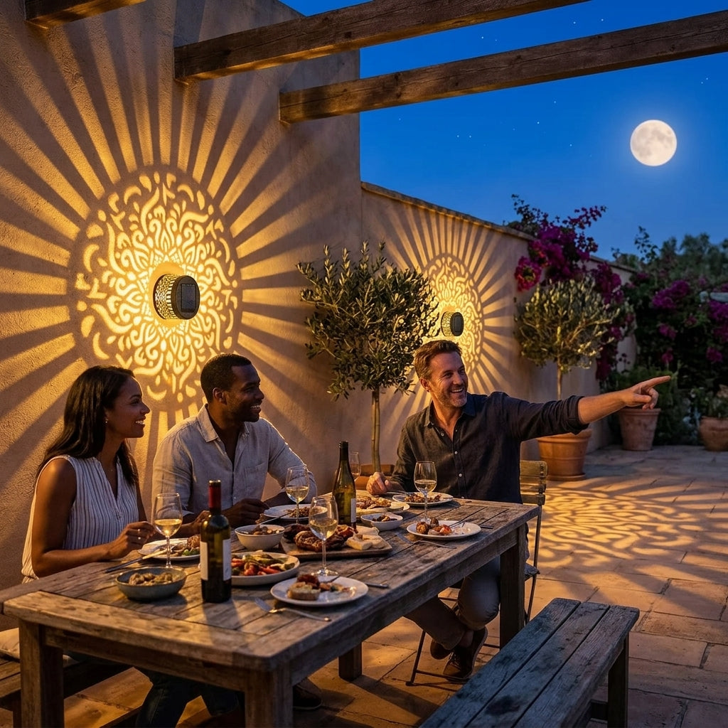 Black solar mandala projector light casting a geometric pattern outdoors