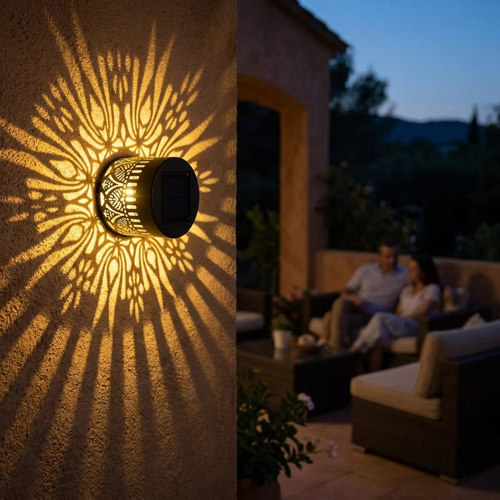 Black solar mandala projector light casting a geometric pattern outdoors