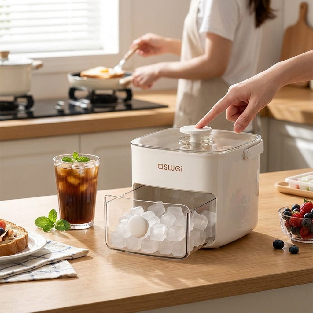 White countertop ice cube maker with clear lid and front drawer