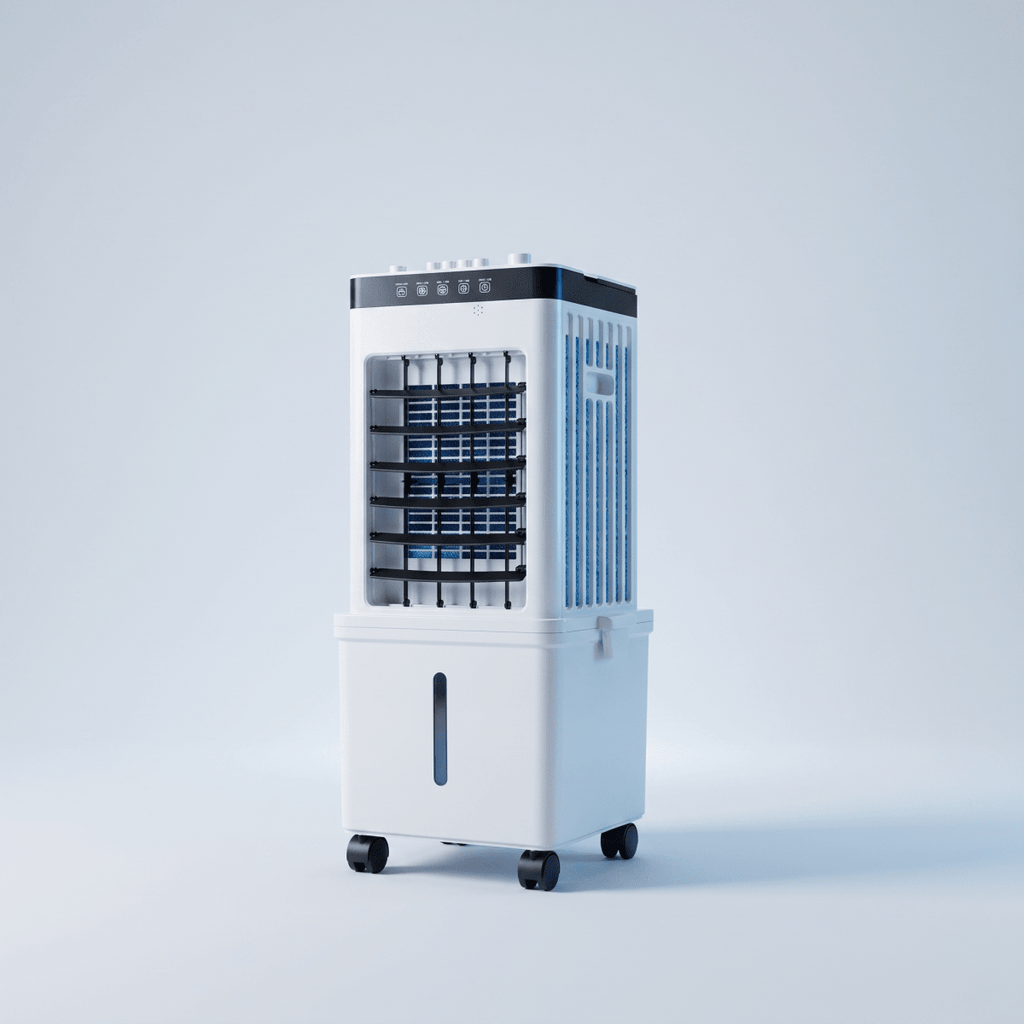 White portable air cooler with water tank, vents, control panel and wheels