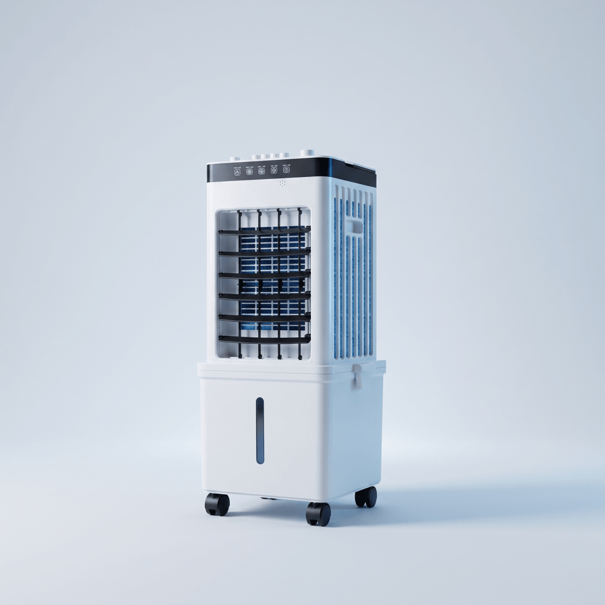 White portable air cooler with water tank, vents, control panel and wheels