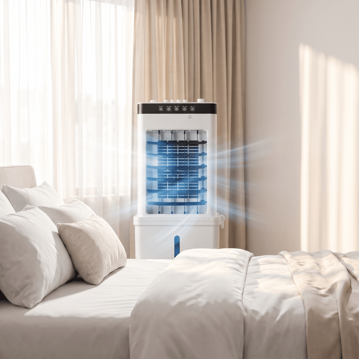 White portable 3-in-1 air cooler with fan and humidification functions on castor wheels