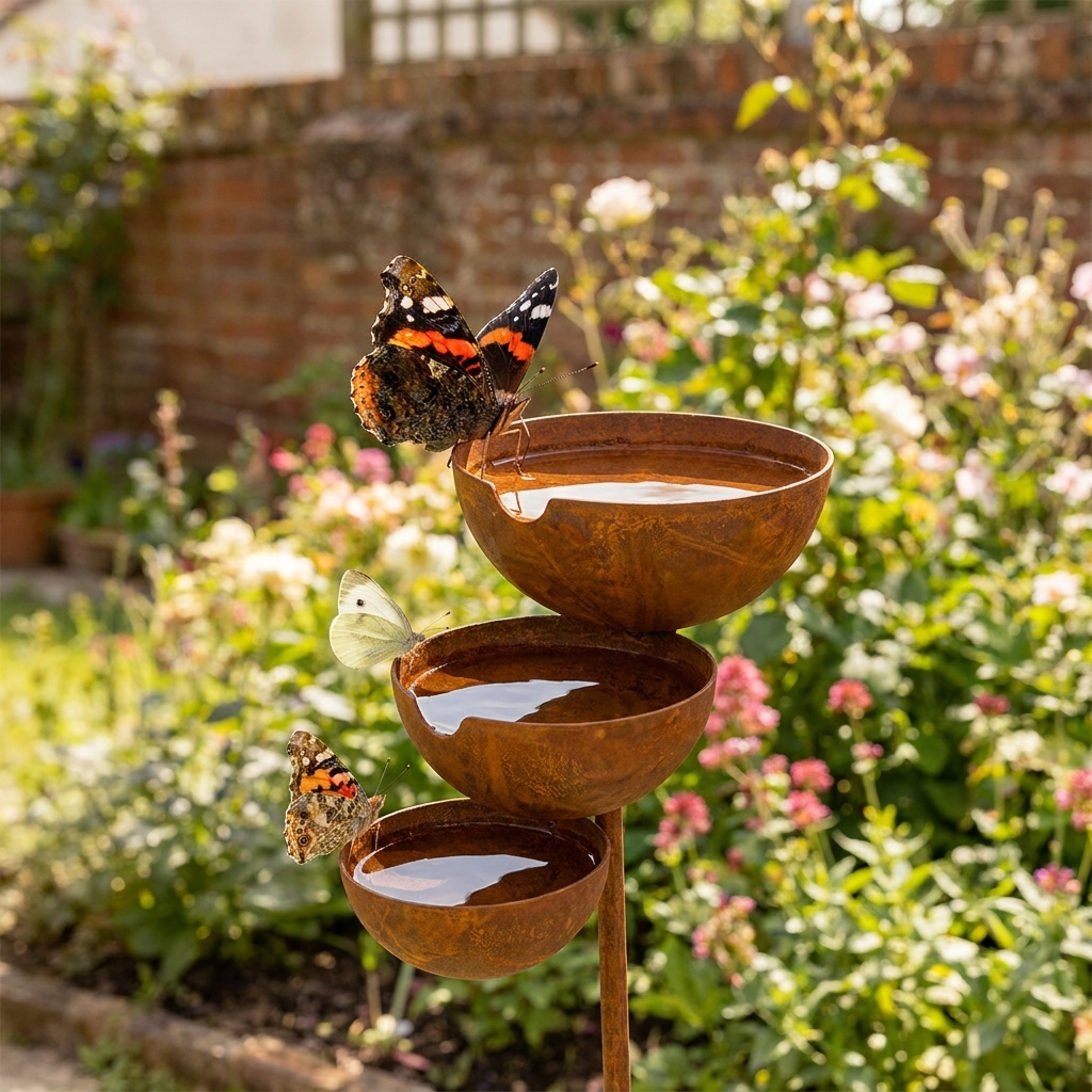 Three-tier brown bird bath with three bowls on a garden stake