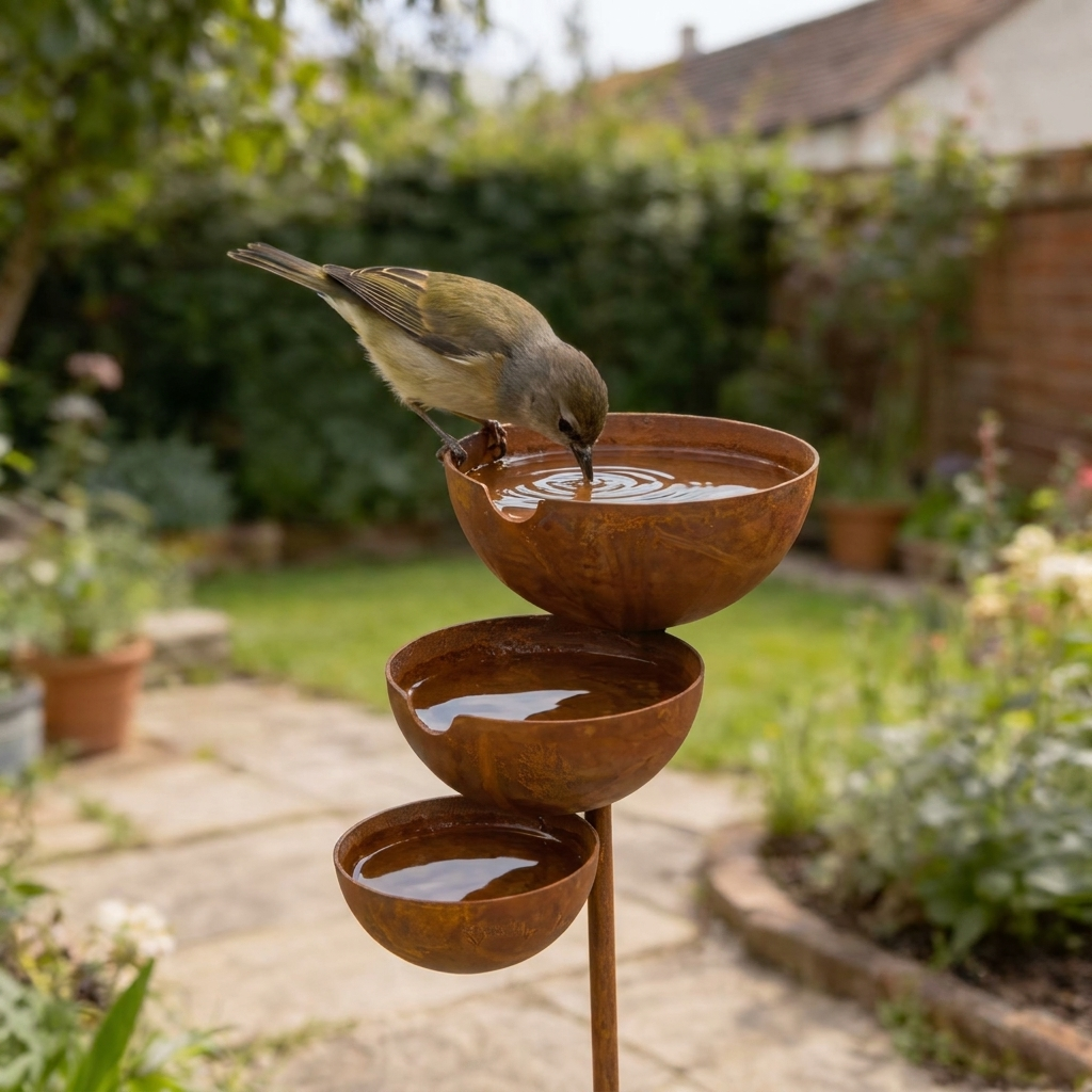 Three-tier brown bird bath with three bowls on a garden stake