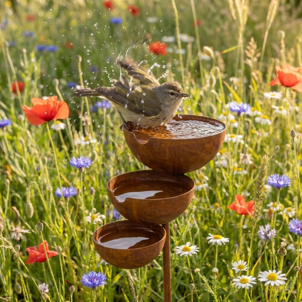 Three-tier brown bird bath with three bowls on a garden stake