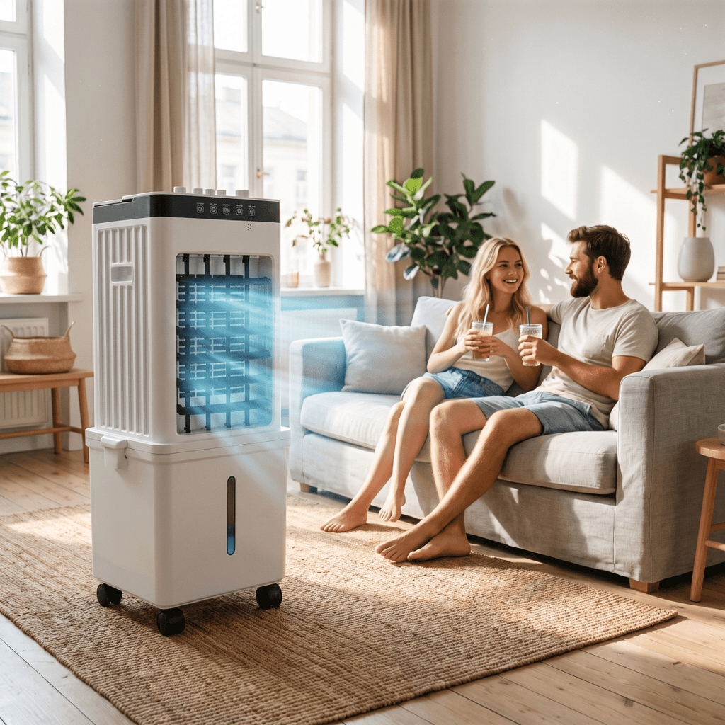 White portable 3-in-1 air cooler with fan and humidification functions on castor wheels