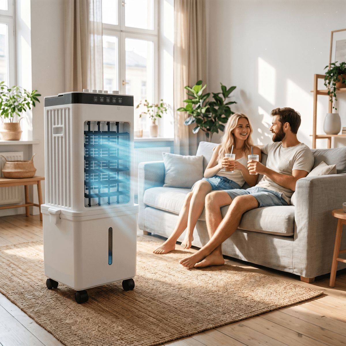White portable 3-in-1 air cooler with fan and humidification functions on castor wheels