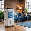 White portable air cooler with water tank, vents, control panel and wheels