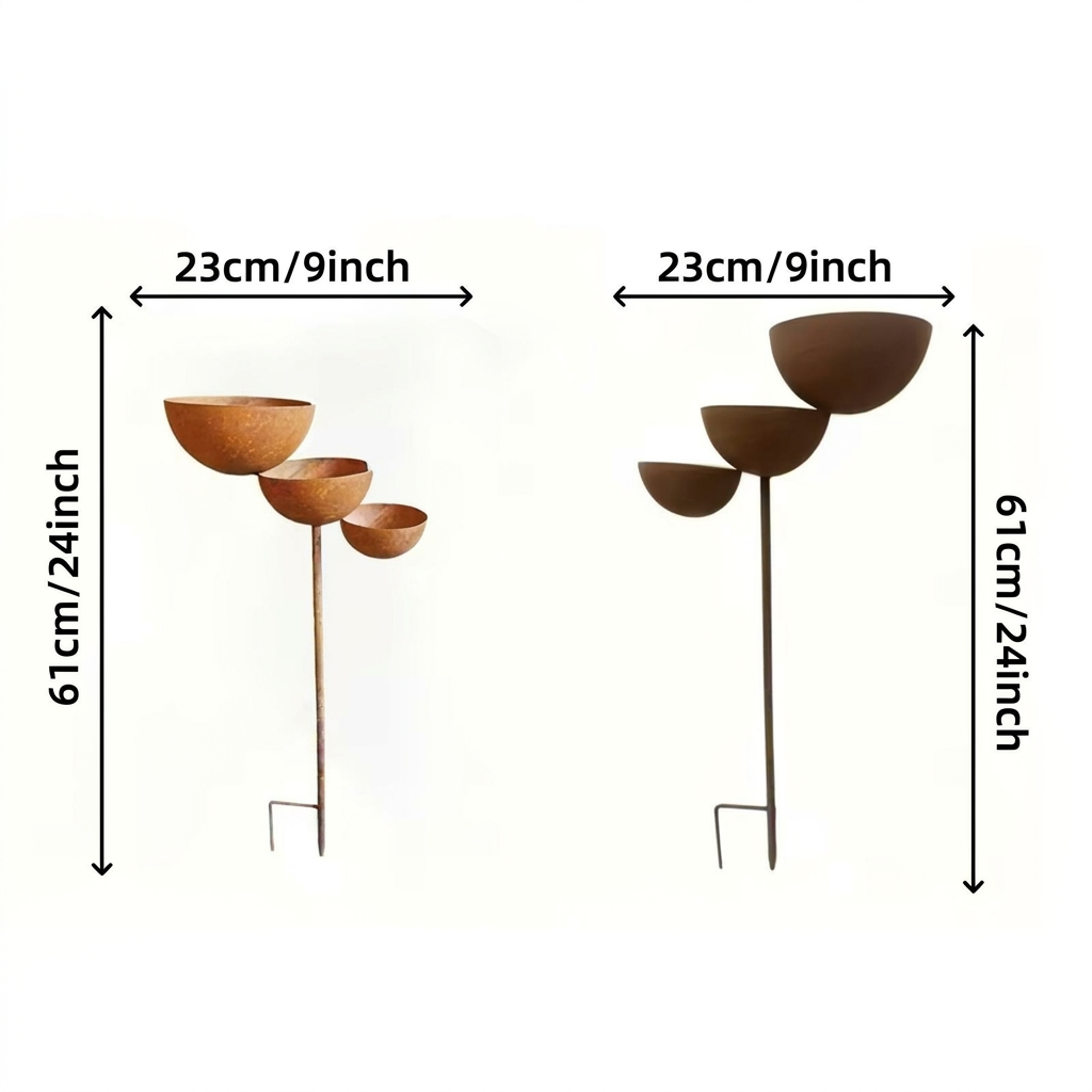 Three-tier brown bird bath with three bowls on a garden stake