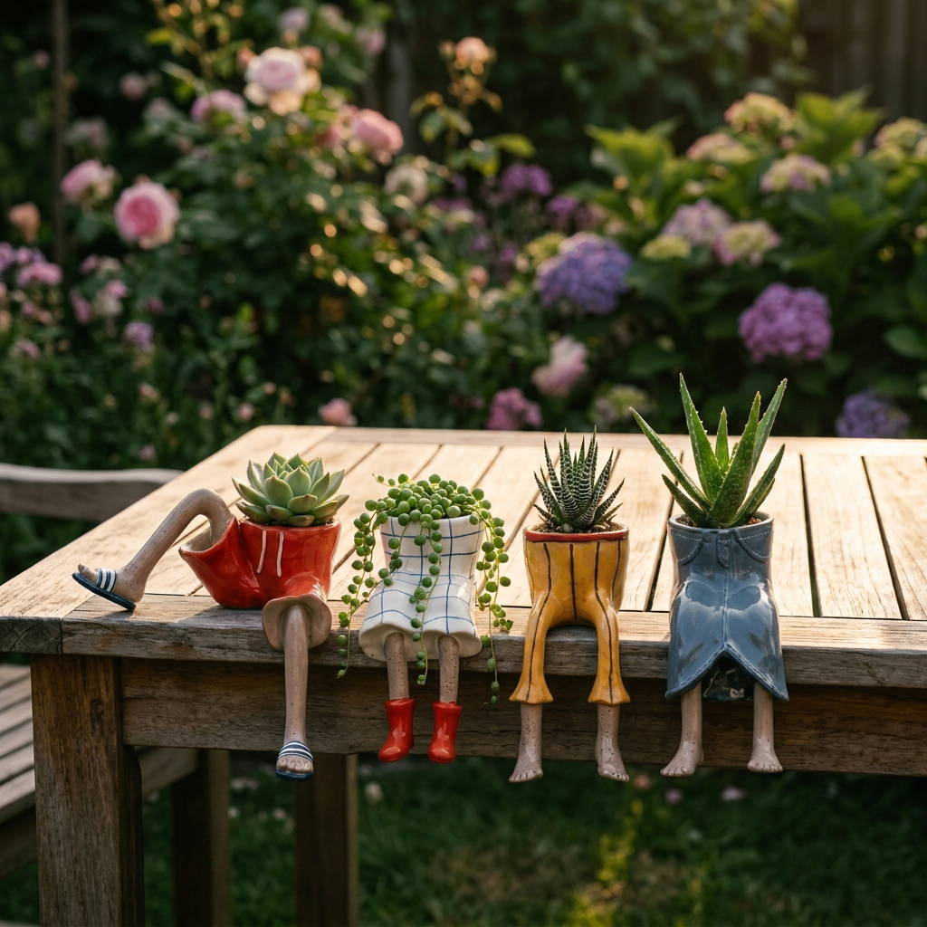 Boot-shaped decorative garden planter with integrated legs