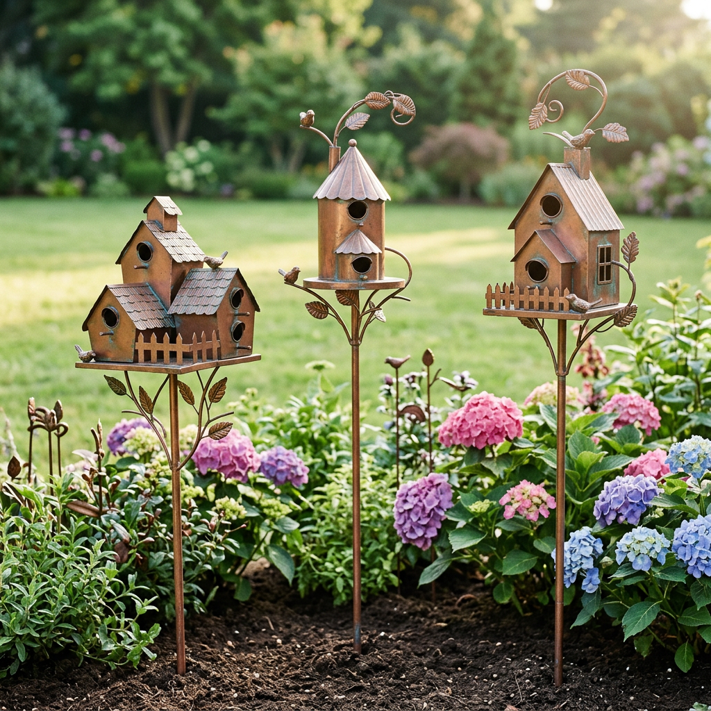 Decorative metal bird house garden stakes with roofs, perches and leaf details