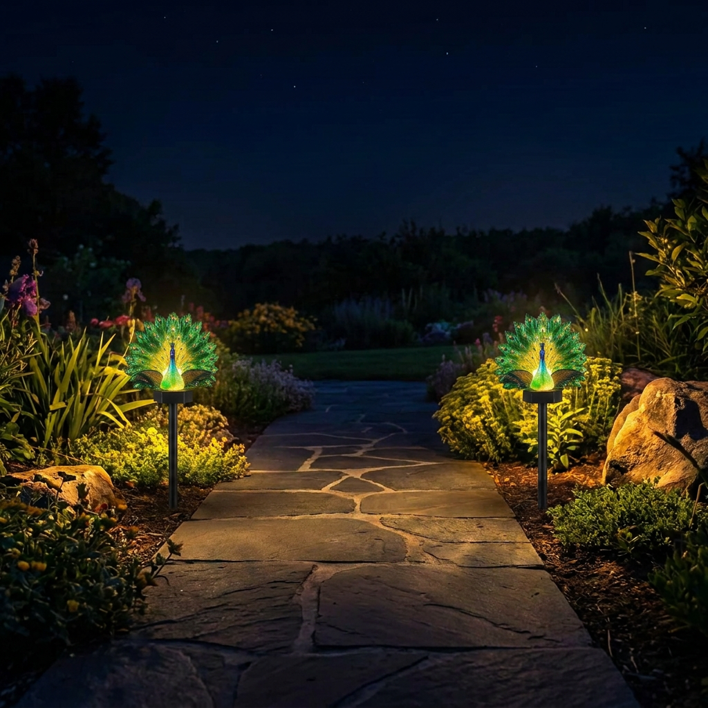 Illuminated peacock solar garden stake light in a planted border
