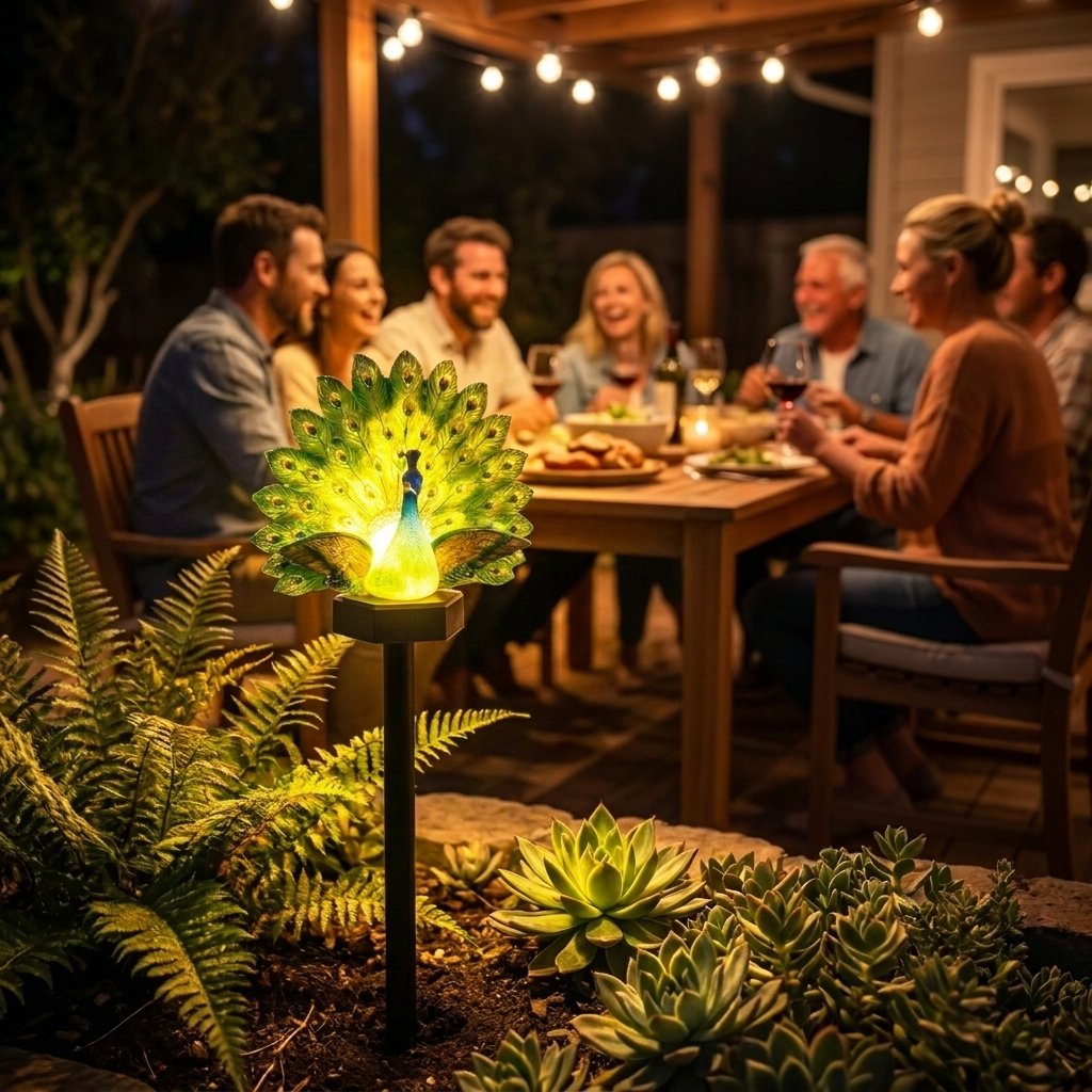 Illuminated peacock solar garden stake light in a planted border