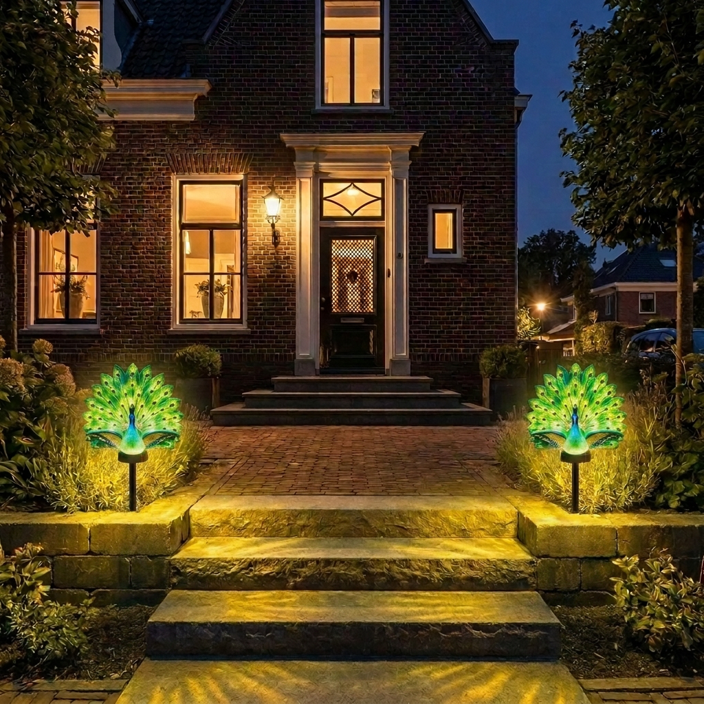 Illuminated peacock solar garden stake light in a planted border