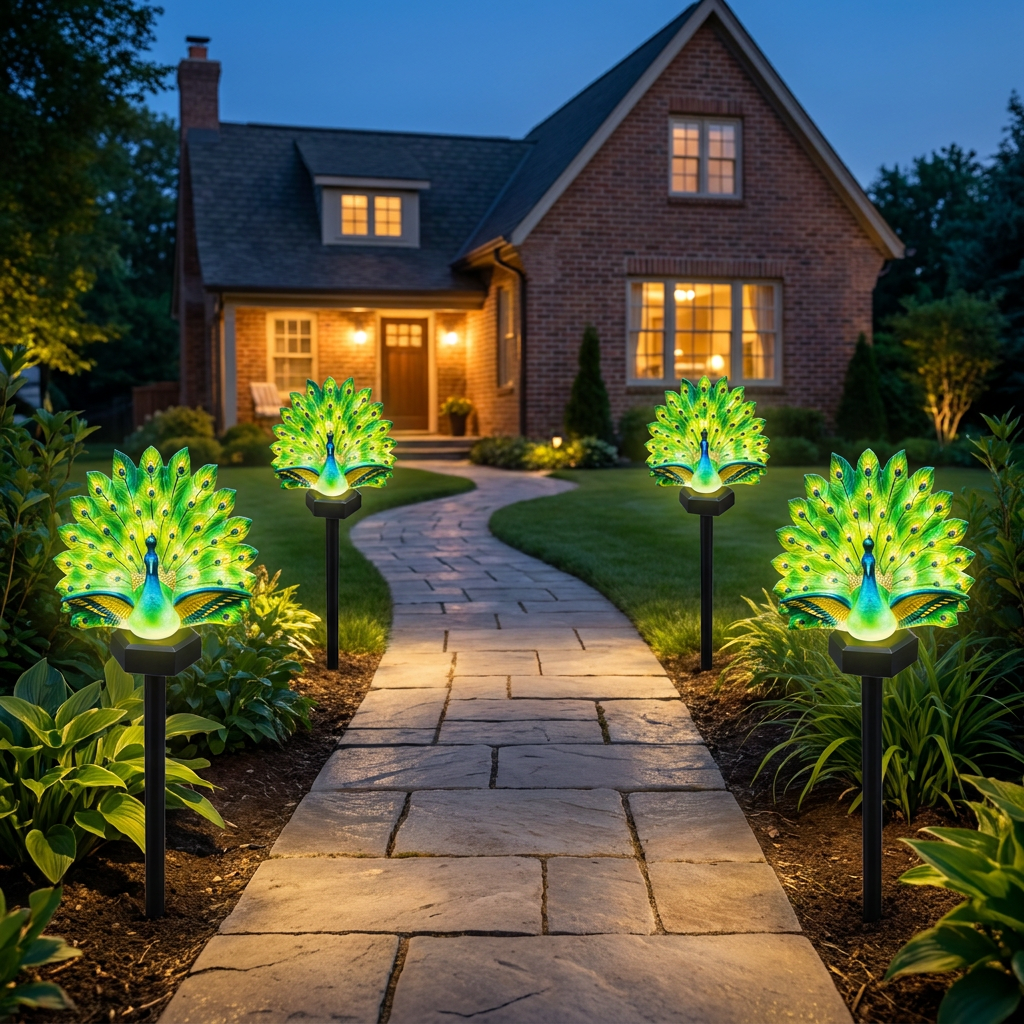 Illuminated peacock solar garden stake light in a planted border