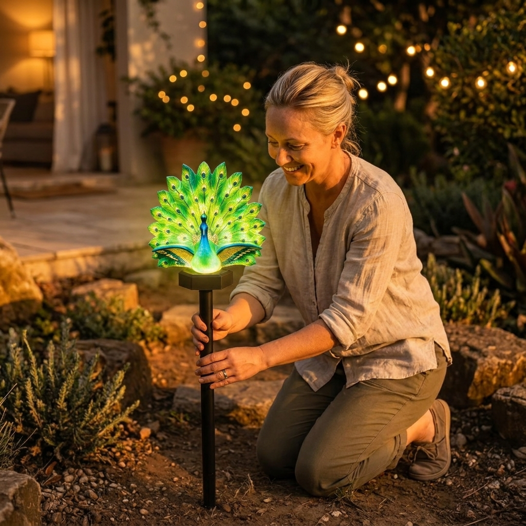 Illuminated peacock solar garden stake light in a planted border