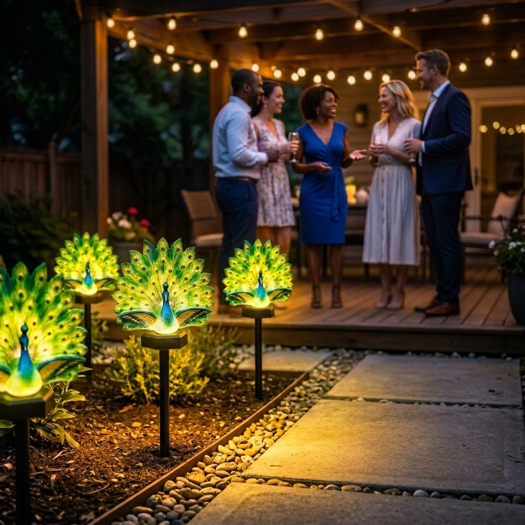 Illuminated peacock solar garden stake light in a planted border