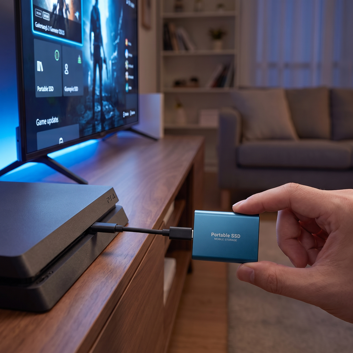 Portable external SSD with USB-C port and rounded aluminium-style casing