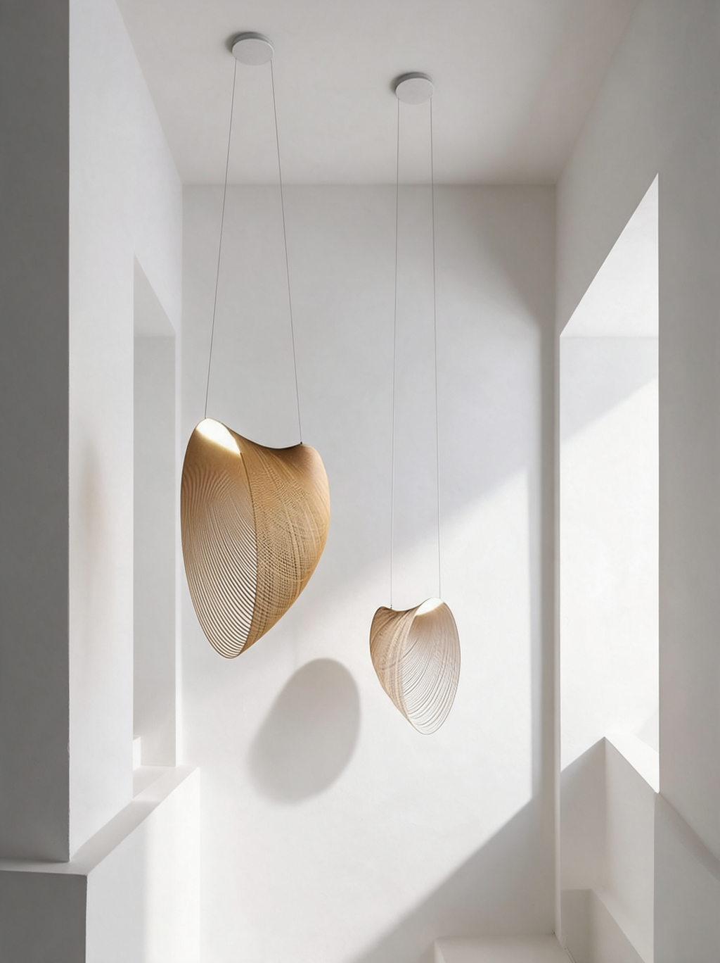 Sculptural pendant light with a curved open wire shade