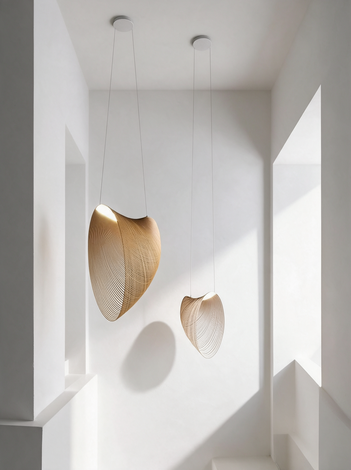 Sculptural pendant light with a curved open wire shade