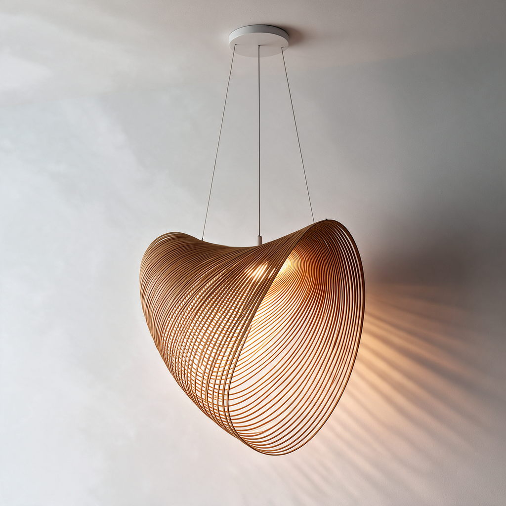 Sculptural pendant light with a curved open wire shade