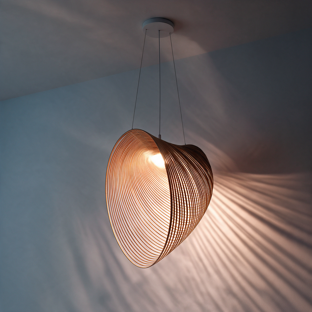 Sculptural pendant light with a curved open wire shade