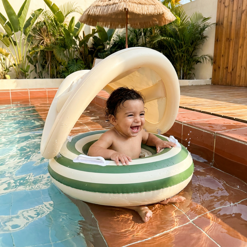 Inflatable baby swimming float with sun canopy and backrest