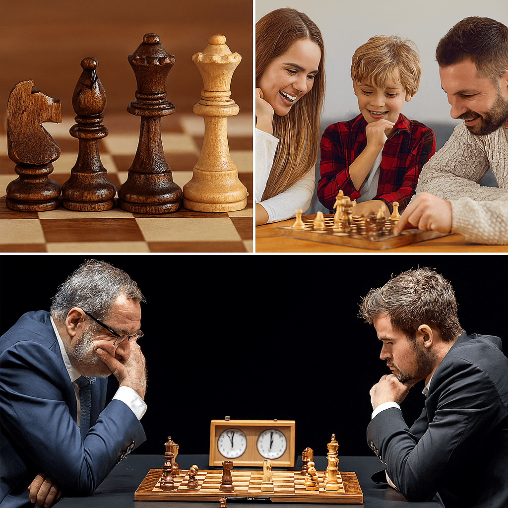 Handcrafted wooden chess set with contrasting pieces on a chequered board