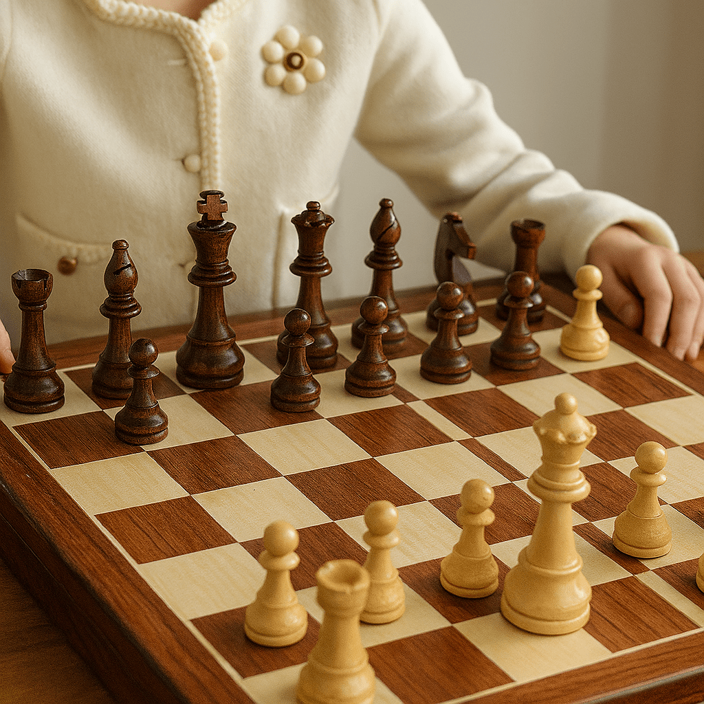 Handcrafted wooden chess set with contrasting pieces on a chequered board