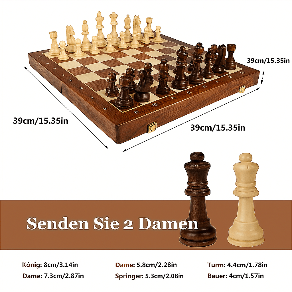 Handcrafted wooden chess set with contrasting pieces on a chequered board