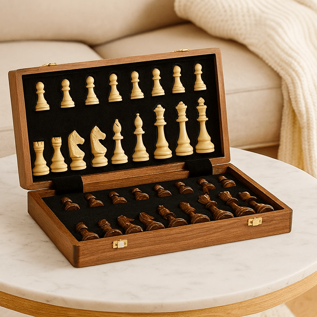 Handcrafted wooden chess set with contrasting pieces on a chequered board