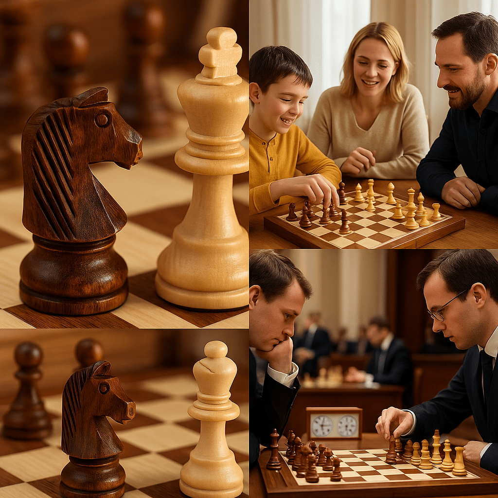 Handcrafted wooden chess set with contrasting pieces on a chequered board