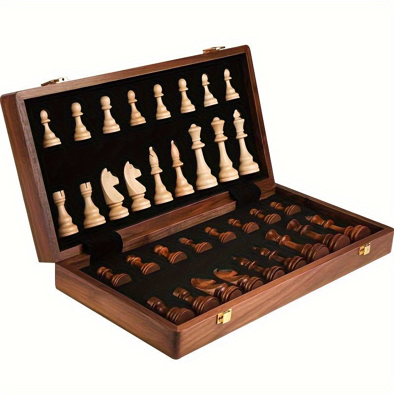 Handcrafted wooden chess set with contrasting pieces on a chequered board