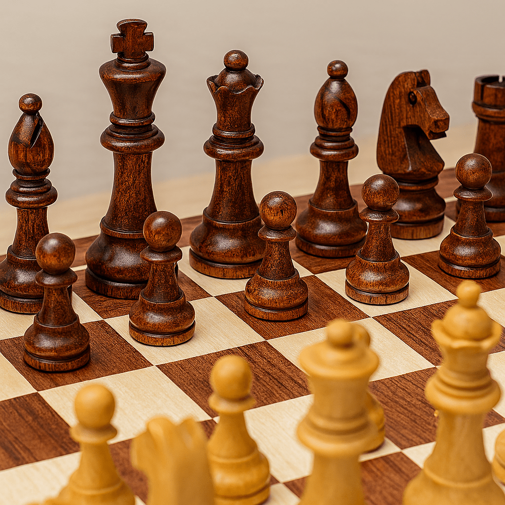 Handcrafted wooden chess set with contrasting pieces on a chequered board