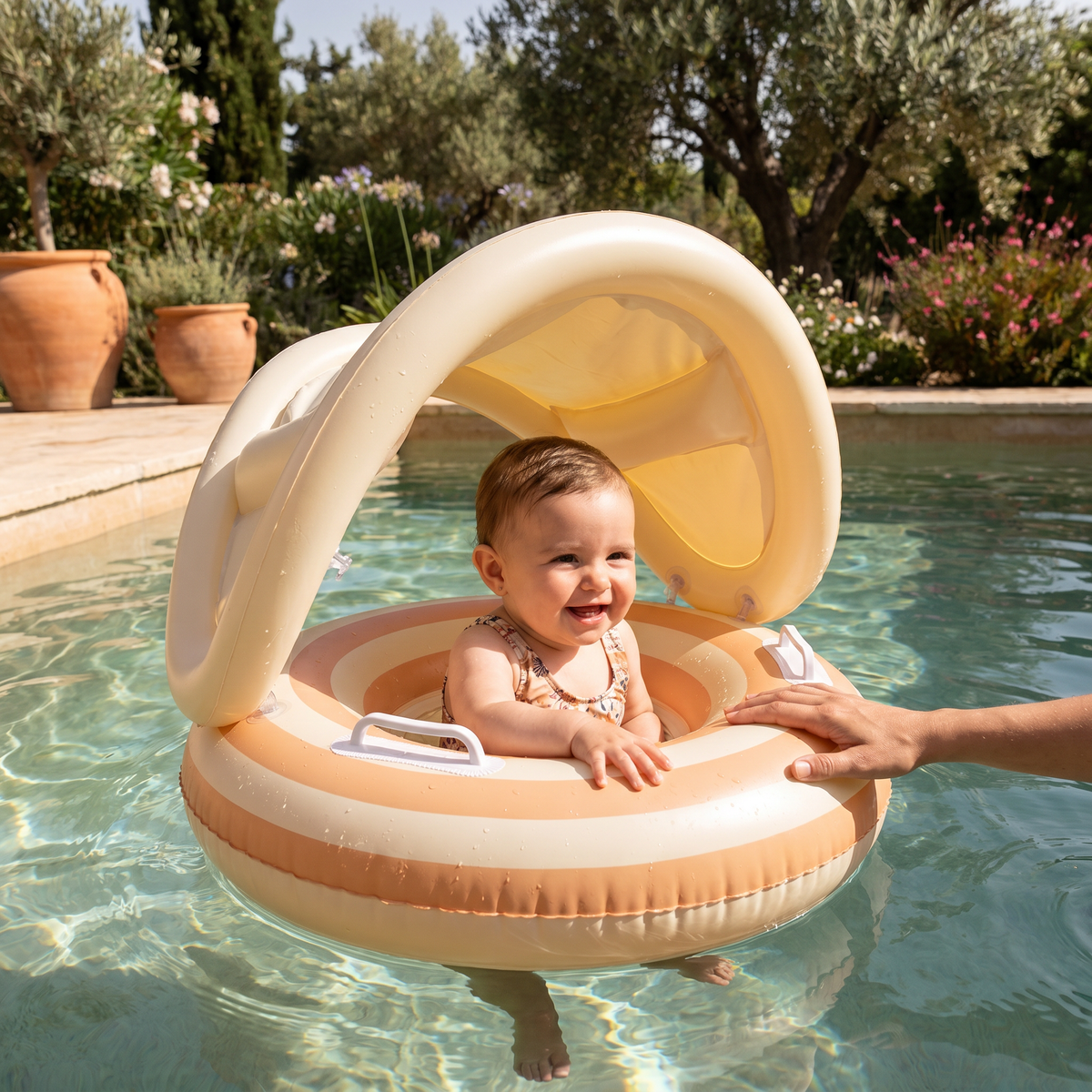 Inflatable baby swimming float with sun canopy and backrest