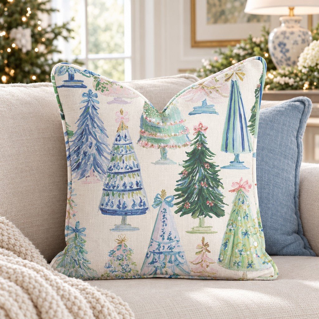 Cream Christmas throw cushion with illustrated decorated tree pattern and piped edging
