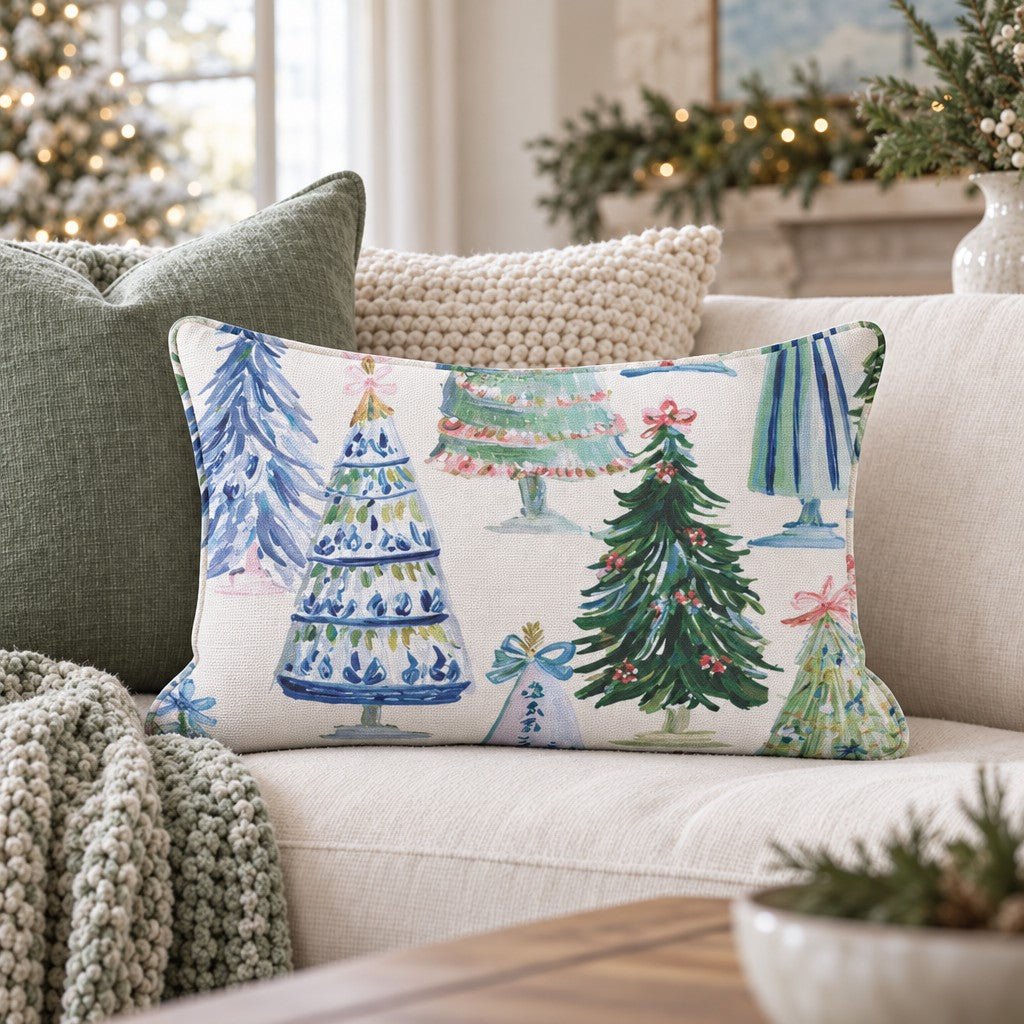 Cream Christmas throw cushion with illustrated decorated tree pattern and piped edging